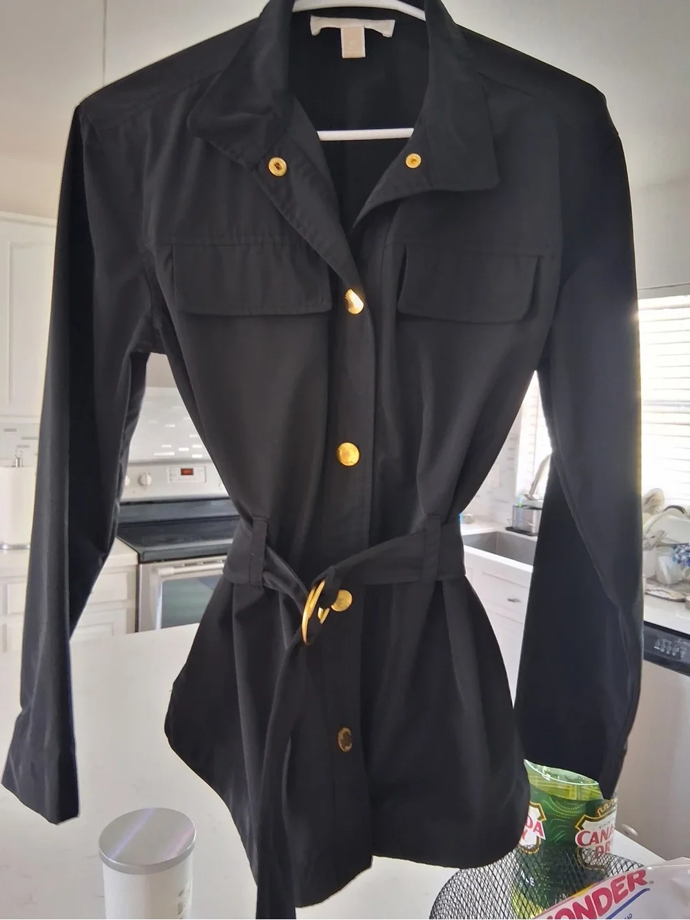 Michael Kors Black Utility Jacket with Gold Buttons and belt